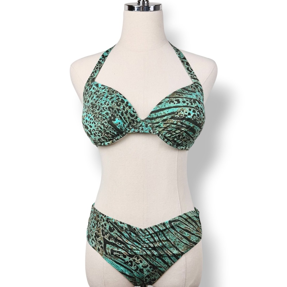 Skye Womens M Bikini Set Green Animal Print Halter Push Up Swim Two Piece